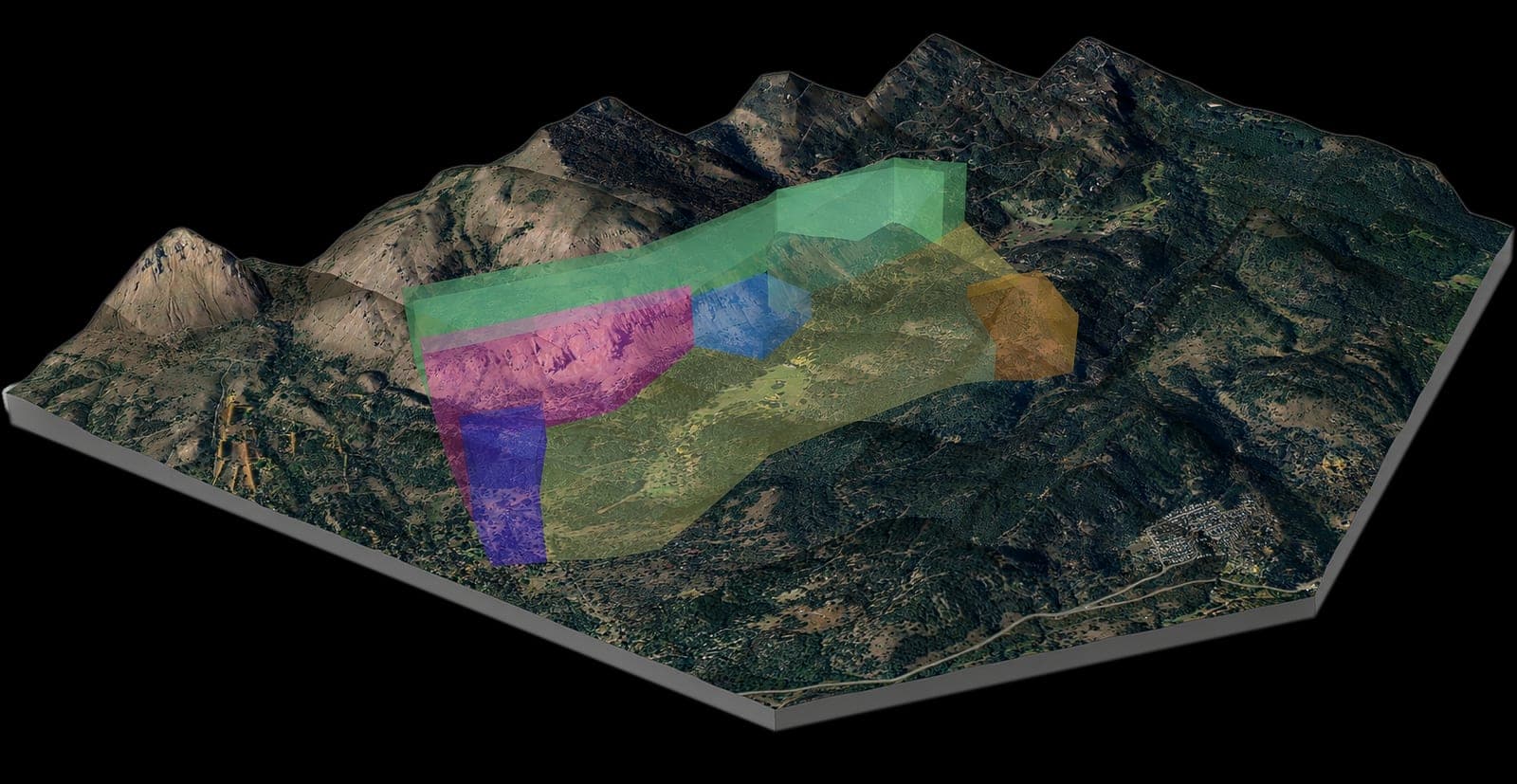 Modelo 3D del relieve de la propiedad con las zonas de uso del suelo marcadas en color