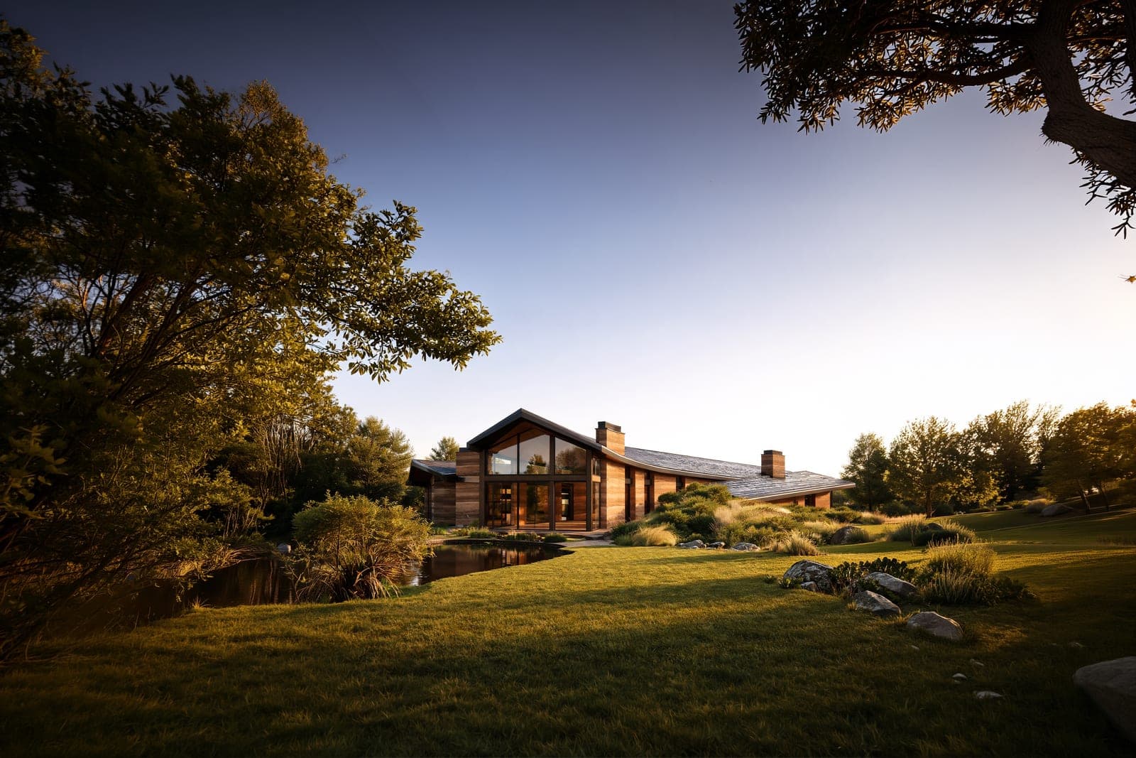 Casa de tapia y madera con techo inclinado junto a un espejo de agua, entre árboles